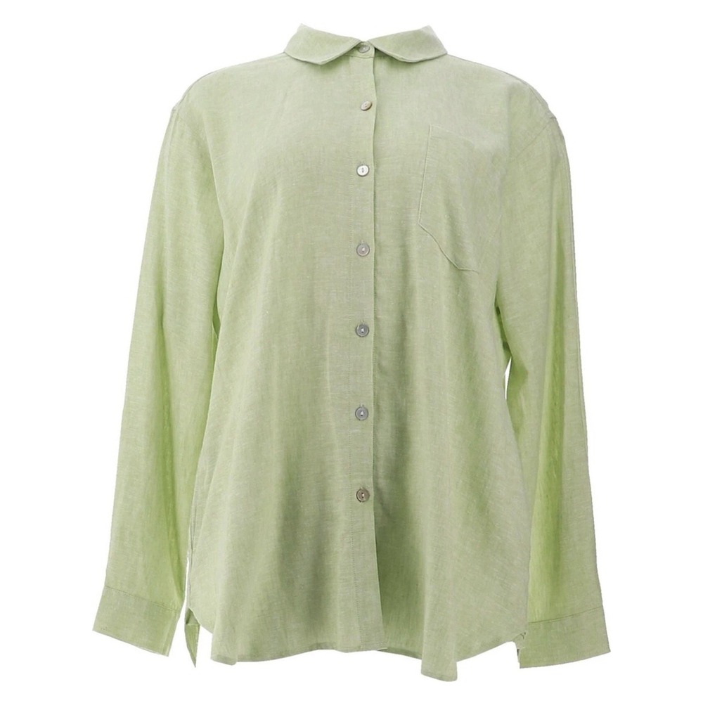 Susan Graver NWOT Beachy Linen Blend Tunic Shirt XS Green Relaxed Resort Luxury